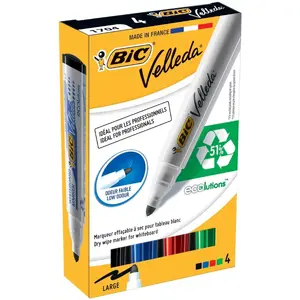 Tāfeļu marķieru komplekts BIC Velleda 1701, 4 gab., ar apaļu galu, melns/zils/zaļš/sarkans