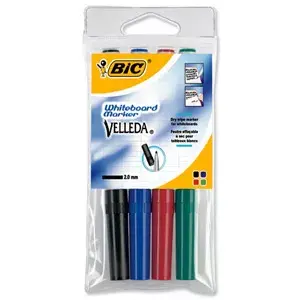 BIC Velleda tāfeļu marķieru komplekts 4 gab. — melns, zils, zaļš, sarkans, caurspīdīgs korpuss