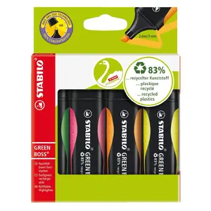 Highlighter markers Stabilo GREEN BOSS 4 pcs — chisel tip, Green Orange Pink Yellow