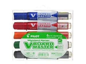 Balta tāfele marķieru komplekts PILOT V-Board Master — 5 gab., apaļš uzgalis, melns/zils/zaļš/oranžs/sarkans