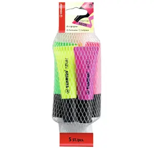 Highlighter markers Stabilo Neon Pack 5 pcs — chisel tip, Green Orange Pink Purple Yellow