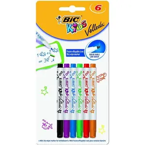Pastāvīgo marķieru komplekts BIC Kids Velleda — 6 krāsas (melns, zils, zaļš, oranžs, violets, sarkans), blokveida uzgalis
