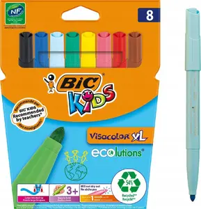 Flomāsteri BIC Visacolor, komplekts 8 gab. kartona kastītē, XB gals, tintiņas krāsa atbilst korpusam