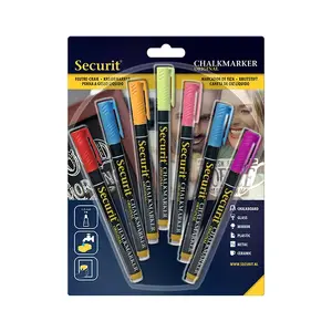 Krīta marķieru komplekts Securit SMA100 — 7 krāsas (zils, zaļš, oranžs, rozā, sarkans, violets, dzeltens), svītras platums 1–2 mm