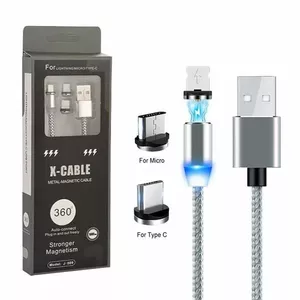 ProLink Vega 3-in-1 Magnetic Charging Cable with Micro USB, USB-C, and Lightning Connectors, Silver
