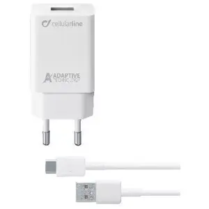 Cellularline 39229 Адаптивное Быстрое Зарядное Устройство 15W AC Сетевое для Мобильного Телефона Смартфона и Планшета с USB-C и Кабелем 1 м Белое