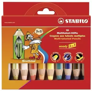 Krītiņi Stabilo woody 3 in 1 Multi, komplekts 10 gab. — koka korpuss, dažādas krāsas