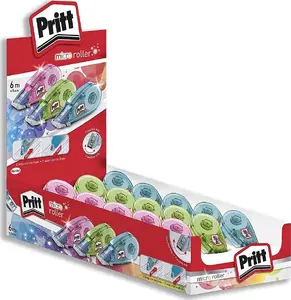 Labošanas rullītis Pritt Korrekturroller Micro 5 mm x 6 m caurspīdīgās krāsās 15 gabalu displejs