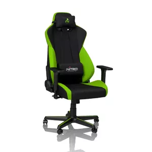 Spēļu krēsls Nitro Concepts S300 — auduma sēdeklis, regulējams augstums 128–140 cm, atzveltnes platums 56 cm, melni/zaļš
