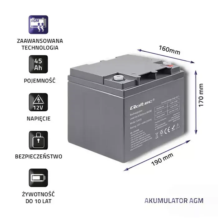 AGM battery QOLTEC 53035 12V 45Ah Photo 3
