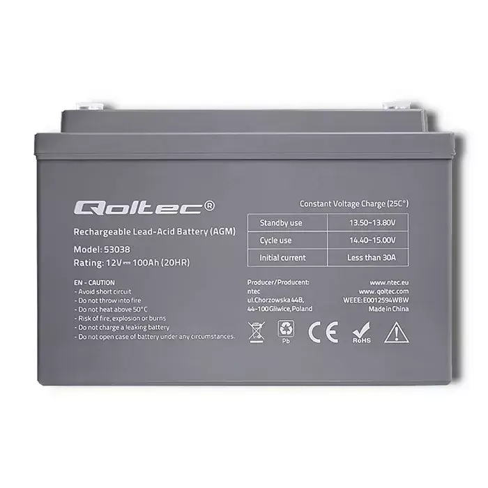AGM battery QOLTEC 53038 12V 100Ah Photo 2