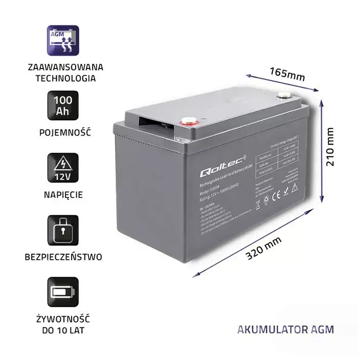 AGM battery QOLTEC 53038 12V 100Ah Photo 3