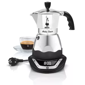 Электрическая гейзерная кофеварка BIALETTI 3 чашки Moka Timer, программируемая, LED-дисплей, алюминиевый корпус, кувшин