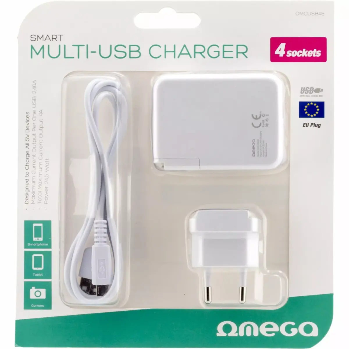 USB lādētājs OMEGA 42672 — 4× USB, EU spraudnis Photo 3