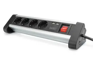 Digitus 4 vietru biroja kontaktligzdu sloksne ar 2x USB pieslēgvietām, 1.5 m kabeļa garums, 4 Type E / F ligzdas, maksimālā ieejas jauda 3680 W, melna un sudraba
