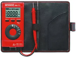 Digitālais multimetrs Benning MM P3 — LCD displejs, barošanas avots 1,5 V (alkalīns), mērierīču vadi 0,6 m, izmēri 132×86×19 mm, CAT III 300V