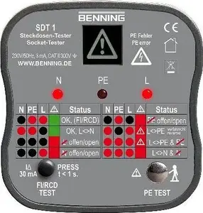 Rozetes testeris Schutzkontakt Benning SDT 1 (MPN 020053) — pārbaude zemējuma un elektroinstalācijas