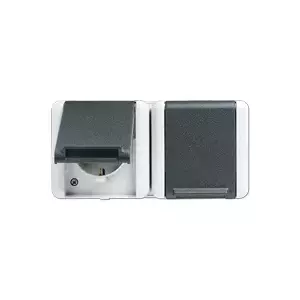 Розетка Type F JUNG 8220 W — IP44, 250 В/16 А, корпус термопластик, 151×75×58 мм, черный/белый