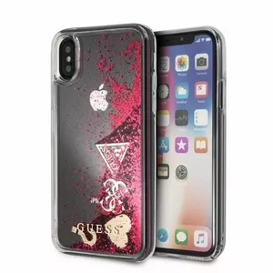 Чехол GUESS для Apple iPhone X/XS — блёстки и сердца, Raspberry