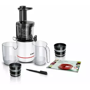 Slow juicer Bosch MESM500W — 150 W motor, 1 L juice container, compact 152×152×427 mm, white/black