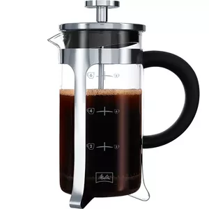 French Press MELITTA Premium — stainless steel, black accents, transparent glass, 8-cup capacity