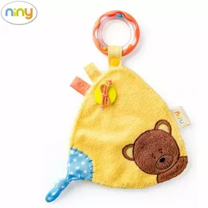 Niny 700011 Mīksta Attīstošā rotaļlieta-lupatiņa ar grabulīt bērniem no 0+ gadiem (18x26cm) Dzeltena