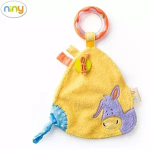 Niny 700014 Mīksta Attīstošā rotaļlieta-lupatiņa ar grabulīt bērniem no 0+ gadiem (17x24cm) Dzeltena