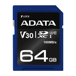 ADATA Premier Pro ASDX64GUI3V30S-R SDXC Memory Card 64 GB UHS-I Class 10 U3 V30 100 MB/s Read 60 MB/s Write