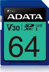 ADATA Premier Pro ASDX64GUI3V30S-R SDXC Atmiņas Karte 64 GB UHS-I Class 10 U3 V30 Lasīšanas ātrums 100 MB/s Rakstīšanas ātrums 60 MB/s