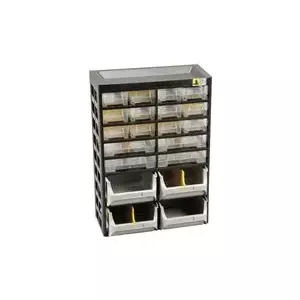 Daļiņu organizators allit VarioPlus Basic 34 — plastmasas kaste ar 20 nodalījumiem, platums 305 mm