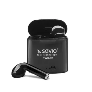 Bezvadu intraaurālā austiņa SAVIO TWS-02 — grafīta, 7,4 g, Bluetooth, bez NFC, USB uzlāde, trokšņu slāpēšana