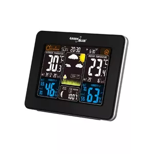 Hygrometer Thermometer GreenBlue GB523 — indoor 0–50°C, outdoor -20–60°C, humidity 20–95%, DCF clock, moon phase, black