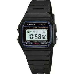 Цифровые часы CASIO F-91W-1YEF — чёрные, влагозащита, LED-дисплей, будильник, секундомер
