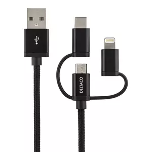 Deltaco IPLH-584 USB kabelis 1 m USB 2.0 USB A USB C/Micro-USB B/Lightning Melns