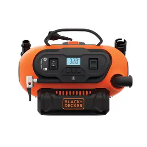 Компрессор воздуха Black & Decker BDCINF18N-QS, 220–230В сеть/12В, 160 л/мин, макс 11,03 бар, подсветка дисплея, адаптеры вентилей в комплекте