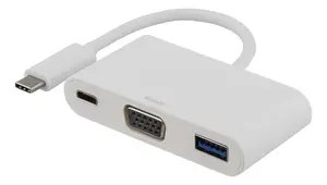 Deltaco USBC-1169 klatbūtnes dokstacija un porta replicētājs ar USB Type-C saskarni, USB Power Delivery līdz 60W, USB-A, USB-C un VGA pieslēgvietām baltā krāsā