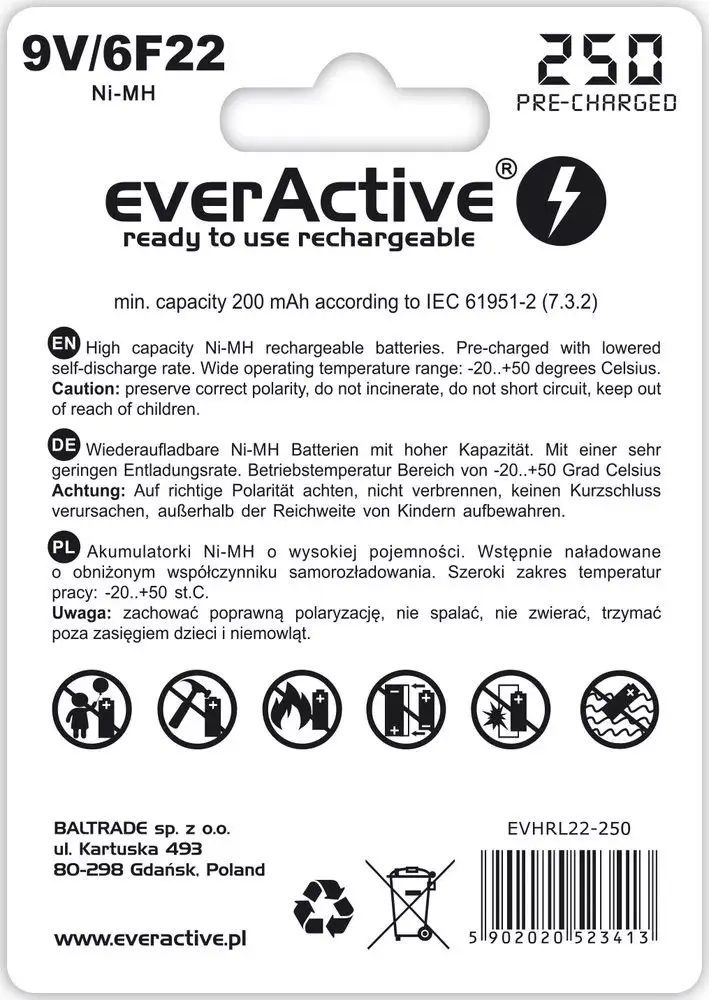 Uzlādējama 9V NiMH baterija everActive EVHRL22-250 Photo 2