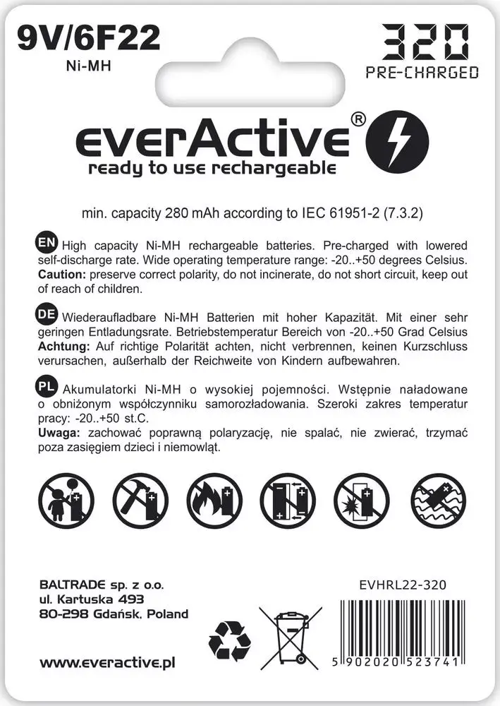 everActive EVHRL22-320 9V NiMH rechargeable battery Photo 2