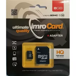 MicroSDHC memory card IMRO 10/8G ADP — 8 GB, Class 10, Read 82 MB/s, Write 21 MB/s, black