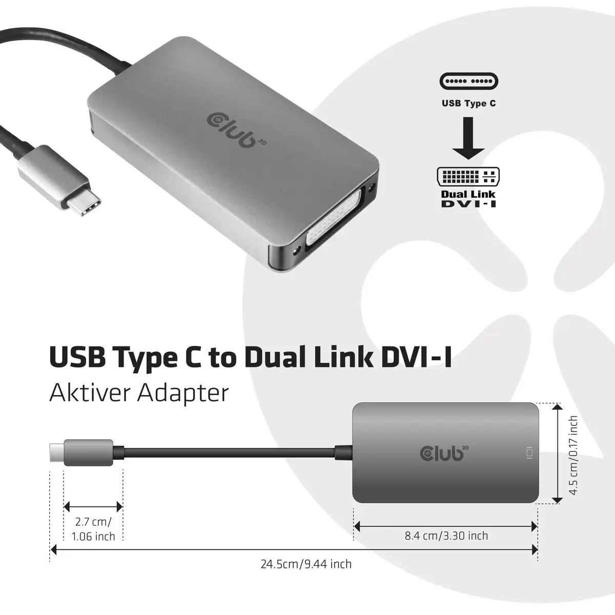 Aktīvais adapteris USB3.2 Gen1 Type-C uz Dual Link DVI-D CLUB3D Photo 2