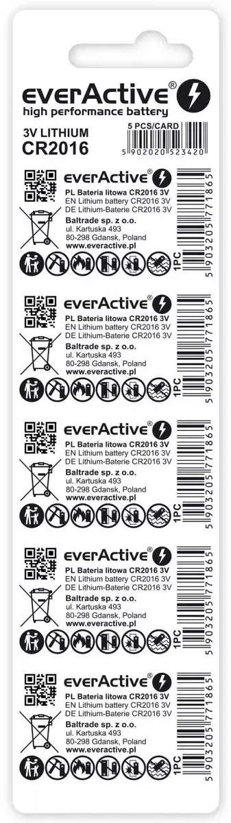 everActive CR2016 vienreizlietojama 3V pogas baterija, 5 gab. Photo 2