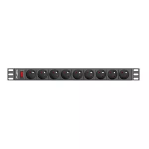 Enerģijas sadales bloks LANBERG PDU-09E-0300-BK — 9x Type E kontaktligzdas, 16 A, 220–250 V, kabelis 3 m, 1U, 19"