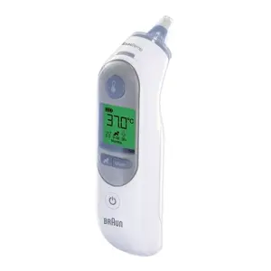Цифровой ушной термометр BRAUN ThermoScan 7 — дистанционный датчик, гибкий наконечник, LED-дисплей, память 9, для новорожденных, белый