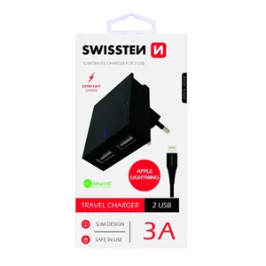 Сетевое зарядное устройство SWISSTEN MD818, 3A/15W с кабелем 120 см, черное