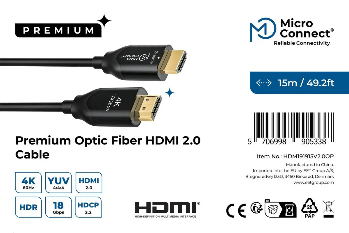 MicroConnect Премиальный оптический кабель HDMI 15м Photo 3