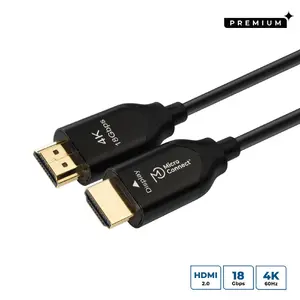 MicroConnect Premium Optiskais HDMI Kabelis 25m, HDMI Type A vīrietis pret HDMI Type A vīrietis, HDMI 2.0, 4K UHD, 18 Gbit/s, zeltīts, melns