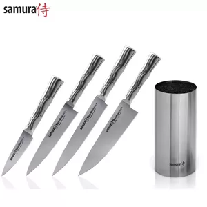 Samura Bamboo Knife Set of 4 Pieces with Stainless Steel Universal Knife Holder, AUS-8 Japanese Steel 59 HRC