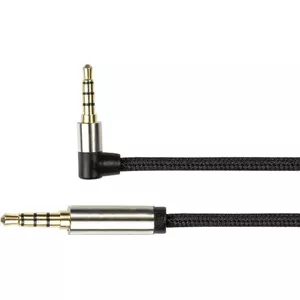 Augstas kvalitātes audio savienojuma kabelis, 4-pin 3,5 mm kontaktdakša kontaktdakša kontaktdakša leņķveida savienojums, tekstilmateriāla apvalks, melns, 1,5 m, PYTHON® Series (GC-M0233)