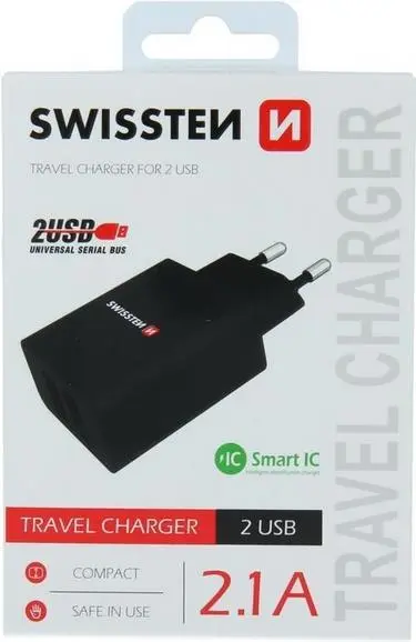 Lādētājs SWISSTEN Travel Charger SW-21A105W-BK, 2×USB