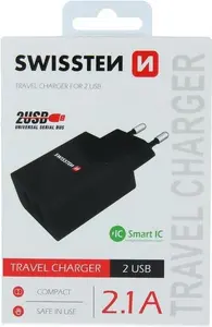 Power charger SWISSTEN Travel Charger SW-21A105W-BK, 2×USB, 2.1A per port (10.5W total)